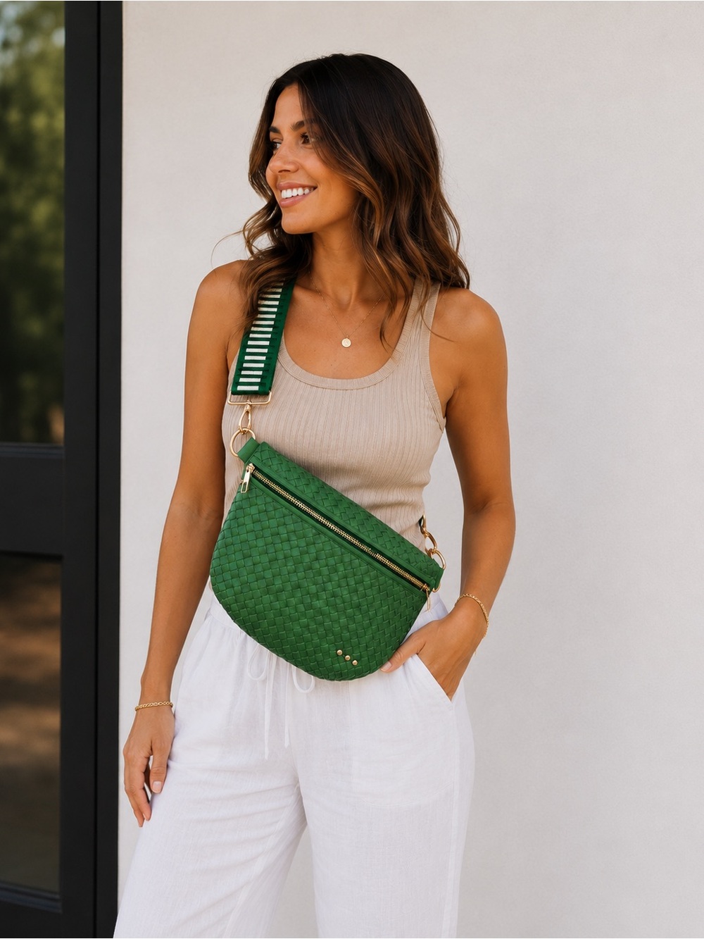 Pretty Simple Westlyn Woven Bum Bag Vegan Leather Emerald Green Adjustable